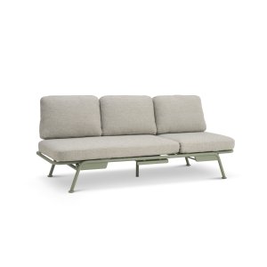 Santorini-Sofa mit Kissen – Sandstoff und staubiges olivgrünes Aluminium