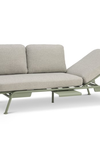 Santorini sofa, med puter - sandfarget stoff og stvete olivengrnn aluminium