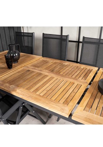 VENTURE DESIGN havest, m. Panama bord, m. udtrk og 4 Anna stole - natur teak/sort alu 