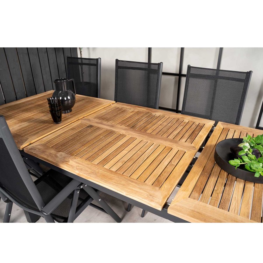 VENTURE DESIGN havest, m. Panama bord, m. udtrk og 4 Anna stole - natur teak/sort alu 