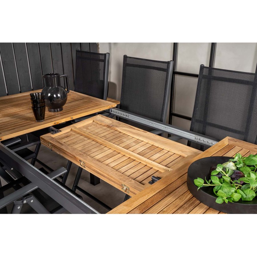 VENTURE DESIGN havest, m. Panama bord, m. udtrk og 4 Lindos stole - natur teak/sort alu/sort reb