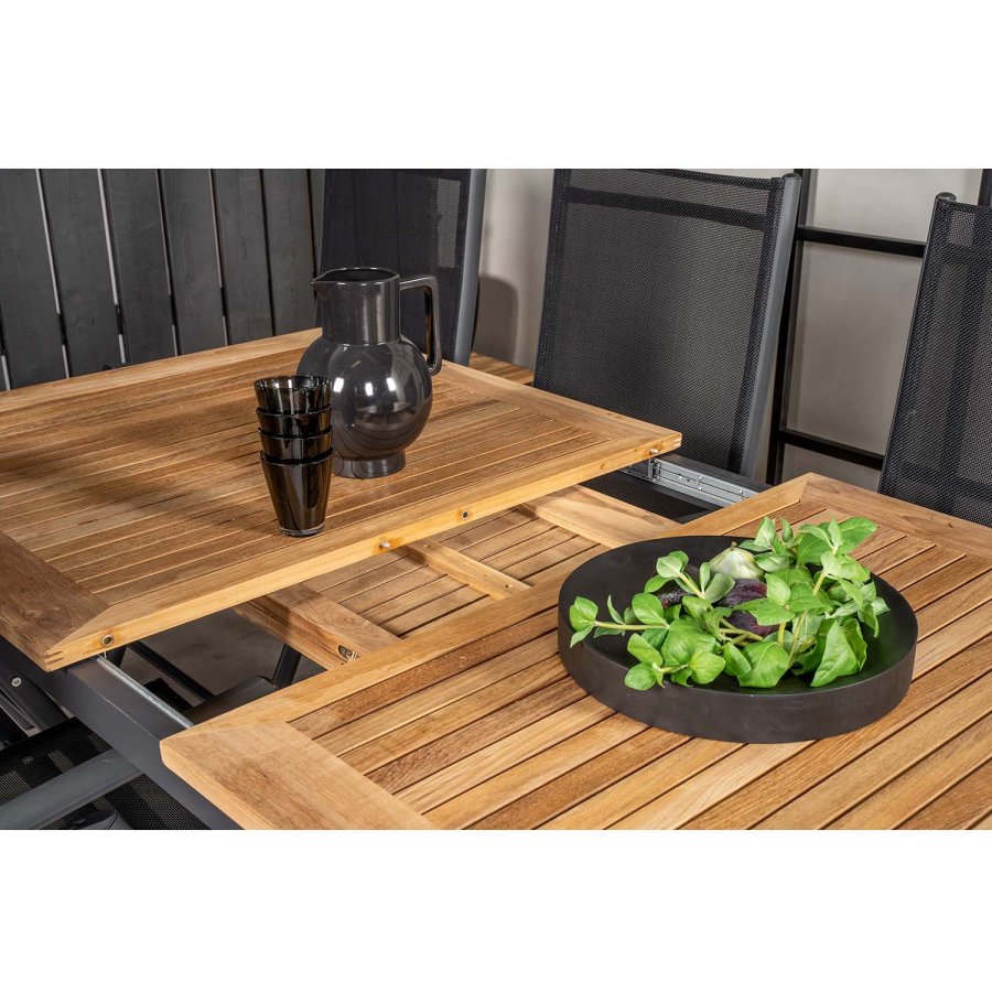 VENTURE DESIGN havest, m. Panama bord, m. udtrk og 4 Lindos stole - natur teak/sort alu/sort reb