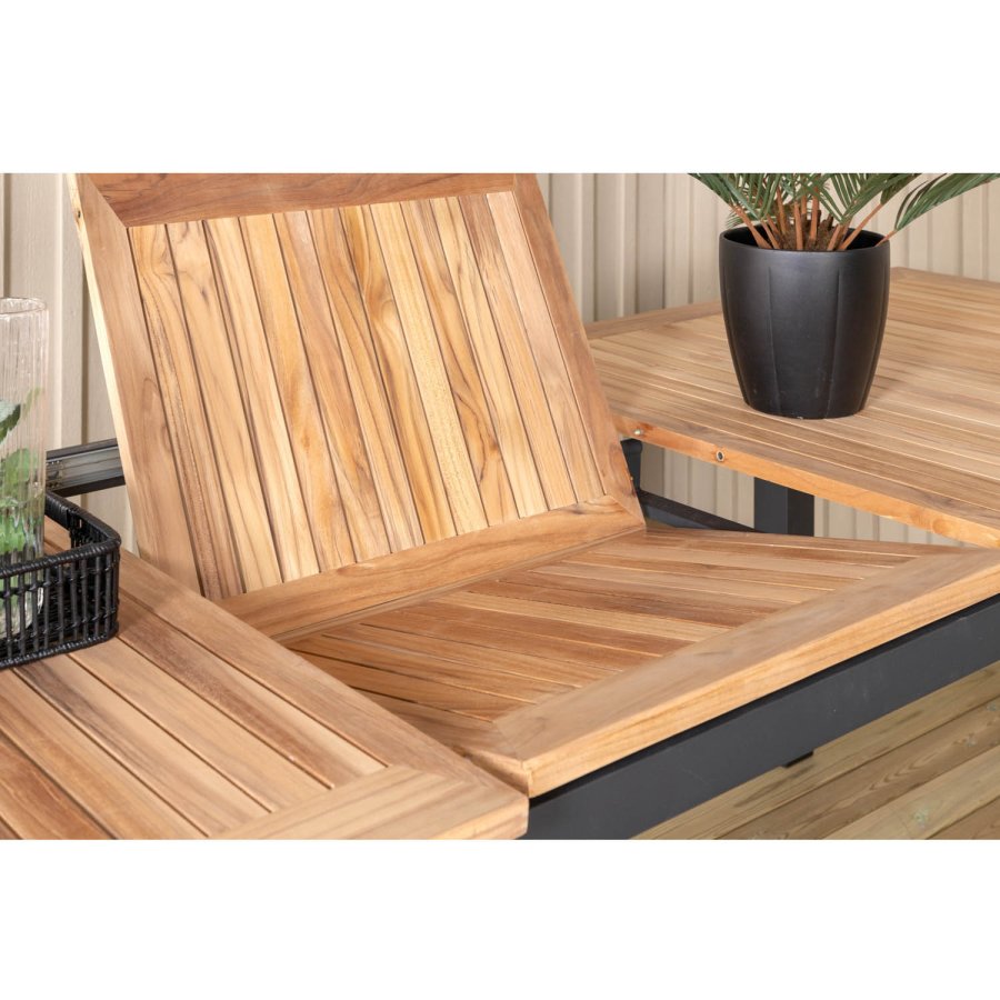 VENTURE DESIGN Panama hagebord, med tilleggsplate - naturlig teak og svart aluminium (224/324x100)