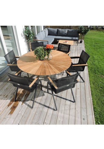 VENTURE DESIGN rundt Mexico hagebord - naturlig teak og svart aluminium (140)