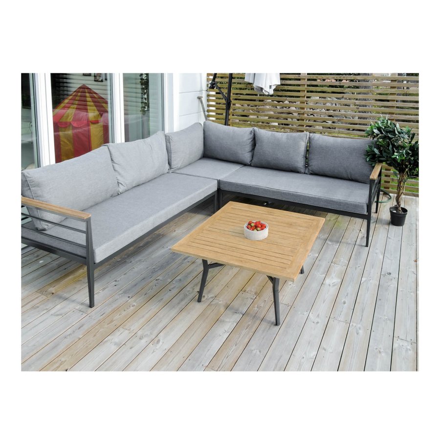 VENTURE DESIGN Mexico hjrne havesofa m. havebord og hynder - gr polyester og aluminium, natur teaktr