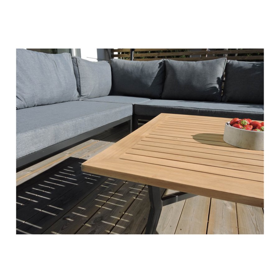 VENTURE DESIGN Mexico hjrne havesofa m. havebord og hynder - gr polyester og aluminium, natur teaktr