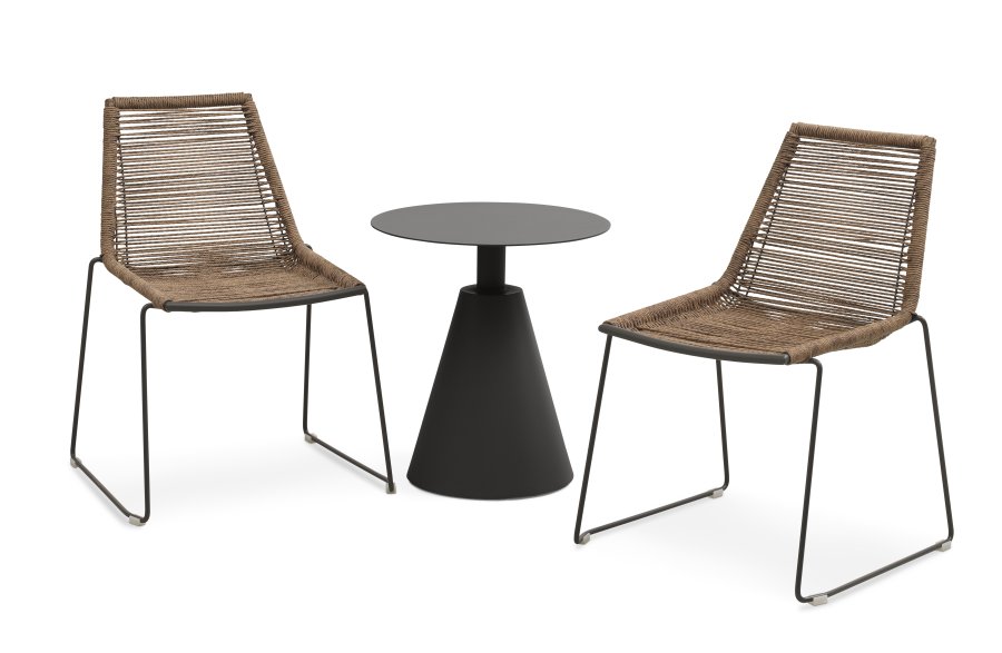 Maui kafésett, med. 1 bord og 2 stoler - rottingfletning og antrasittgrtt metall