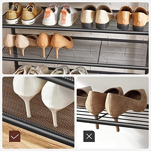 VASAGLE klädhängare, hall i trä med skoförvaring, 5-facks skohylla i olika höjder, 5 dubbelkrokar, översta hyllan, hall, sovrum lägenhet, industriell, rustik brun och svart HSR408B01