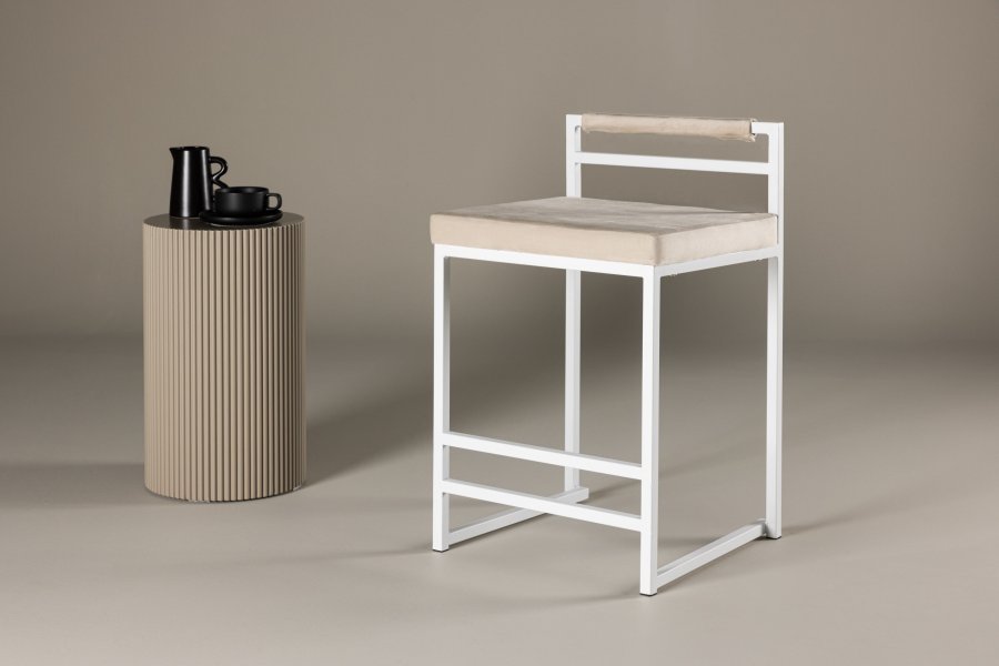 VENTURE DESIGN Opelika barstol, m. rygln og fodsttte - beige polyester fljl og hvid stl