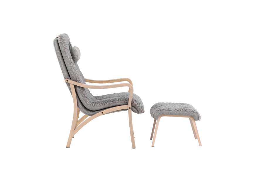 VENTURE DESIGN Frö Sessel mit Fußhocker und Nackenkissen - hellgraues Polyester und Eichenfurnier
