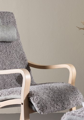 VENTURE DESIGN Frö Sessel mit Fußhocker und Nackenkissen - hellgraues Polyester und Eichenfurnier