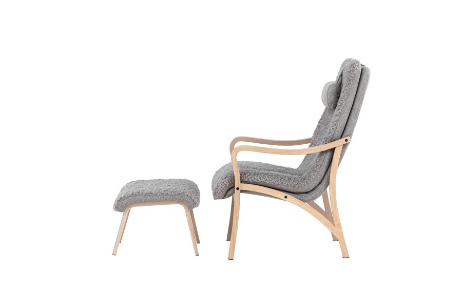 VENTURE DESIGN Frö Sessel mit Fußhocker und Nackenkissen - hellgraues Polyester und Eichenfurnier