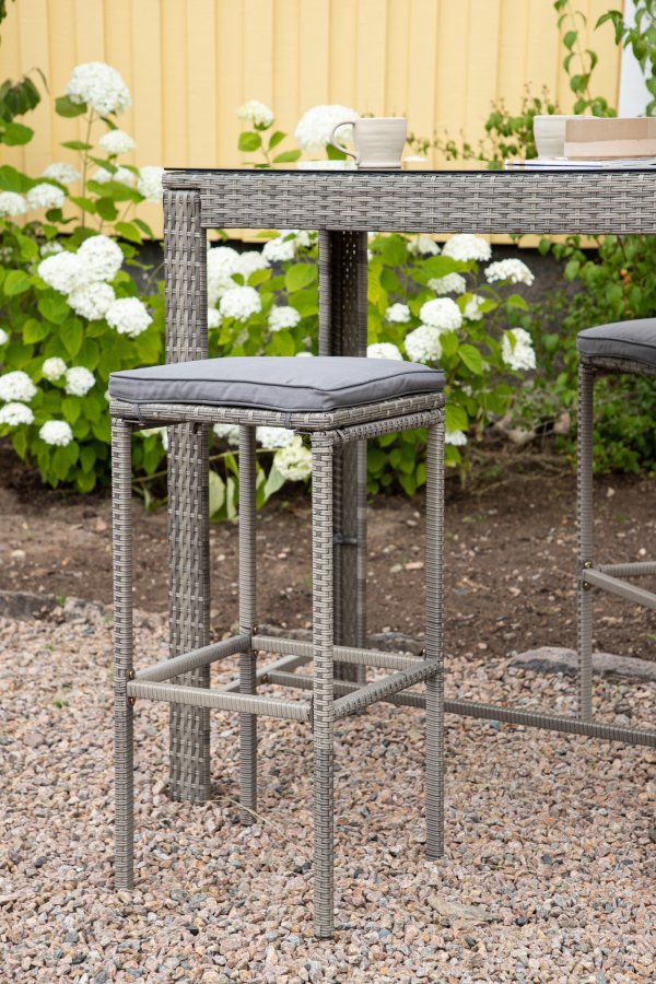 VENTURE DESIGN Alo Outdoor-Barhocker mit Fußstütze – graues Polyrattan und Aluminium