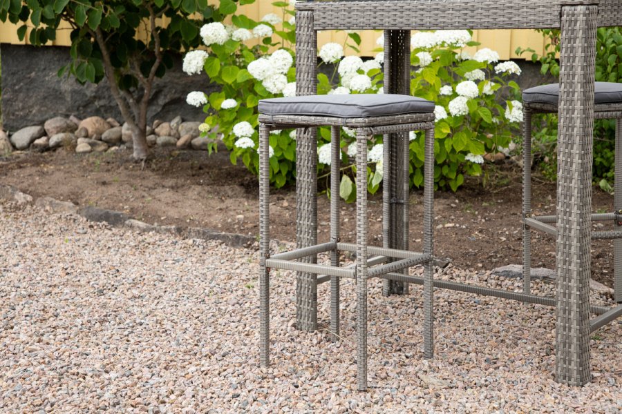 VENTURE DESIGN Alo Outdoor-Barhocker mit Fußstütze – graues Polyrattan und Aluminium