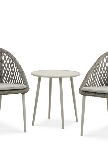 Café-Set „Corsica“ mit 1 Tisch, 2 Stühlen und Kissen – warmes graues Rattan und Aluminium