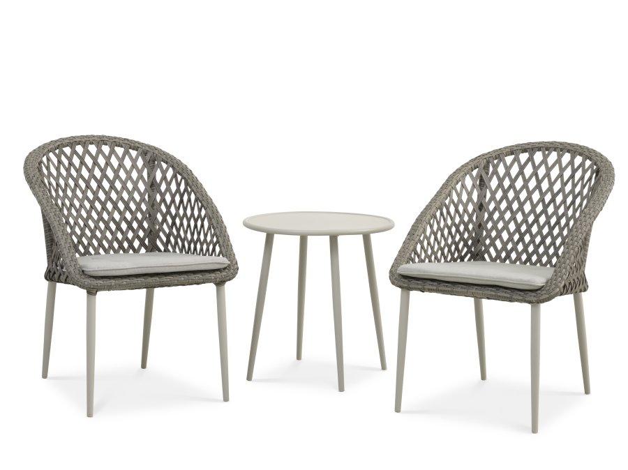 Café-Set „Corsica“ mit 1 Tisch, 2 Stühlen und Kissen – warmes graues Rattan und Aluminium