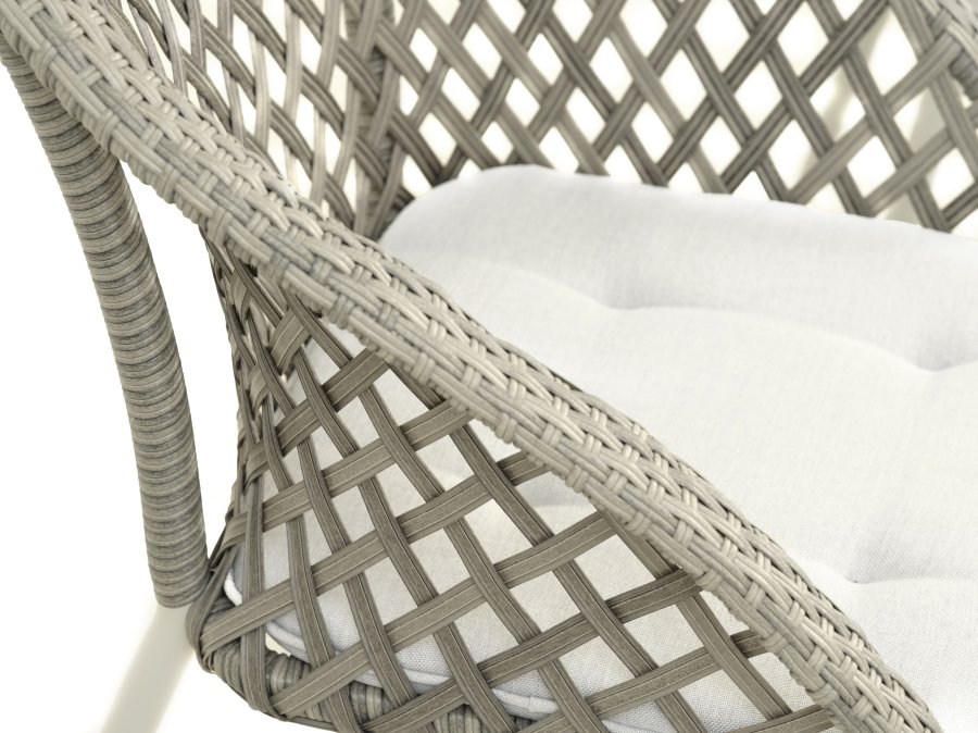 Café-Set „Corsica“ mit 1 Tisch, 2 Stühlen und Kissen – warmes graues Rattan und Aluminium