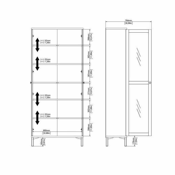 Roma porcel�nsskab med 2 l�ger, hvid, 88,7 x 36,25 x 202,8 cm