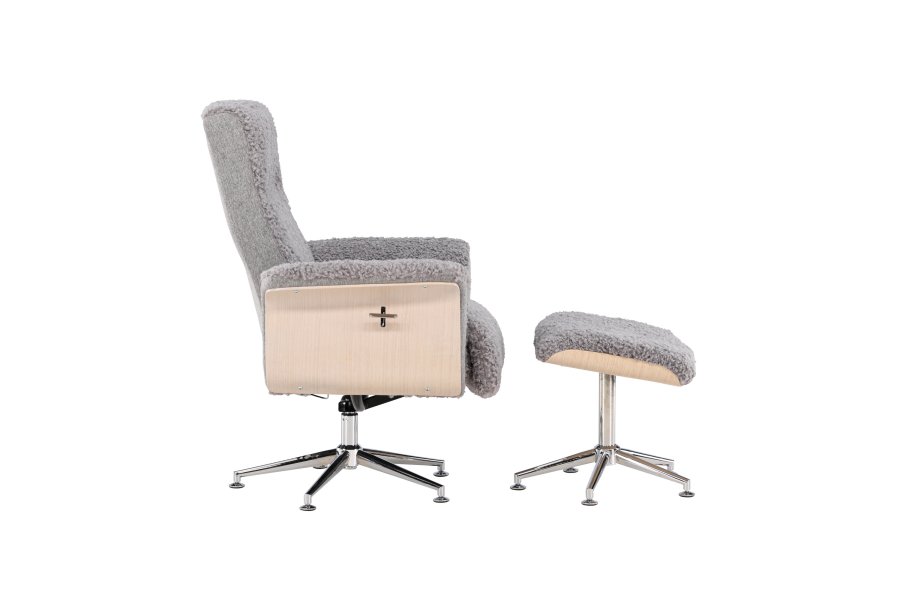 VENTURE DESIGN Hagön Relaxsessel mit Fußhocker – grauer Stoff, weiß getünchtes Holz und verchromtes Metall