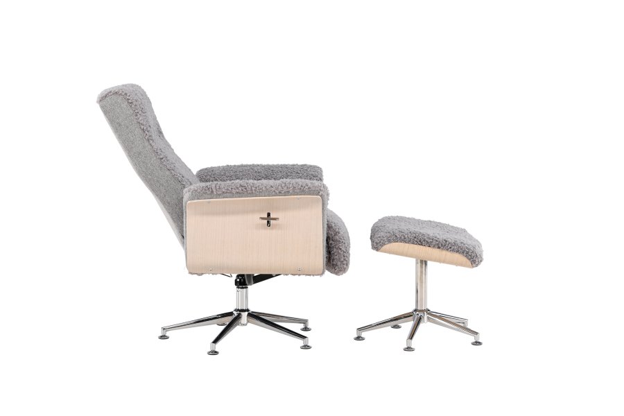 VENTURE DESIGN Hagön Relaxsessel mit Fußhocker – grauer Stoff, weiß getünchtes Holz und verchromtes Metall