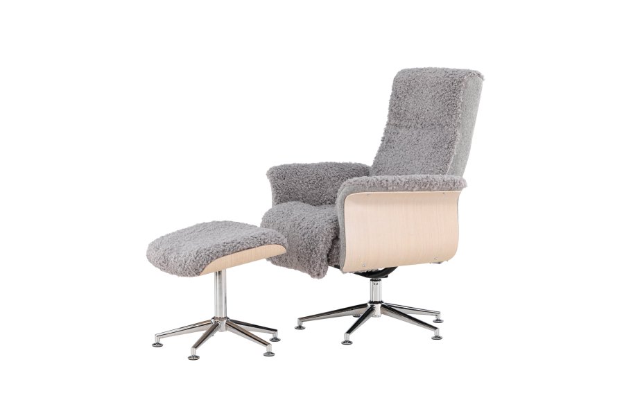 VENTURE DESIGN Hagön Relaxsessel mit Fußhocker – grauer Stoff, weiß getünchtes Holz und verchromtes Metall