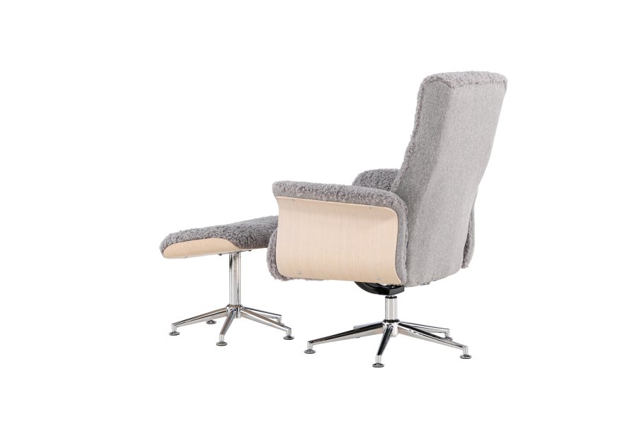VENTURE DESIGN Hagön Relaxsessel mit Fußhocker – grauer Stoff, weiß getünchtes Holz und verchromtes Metall