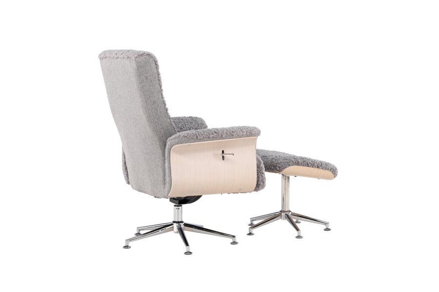 VENTURE DESIGN Hagön Relaxsessel mit Fußhocker – grauer Stoff, weiß getünchtes Holz und verchromtes Metall