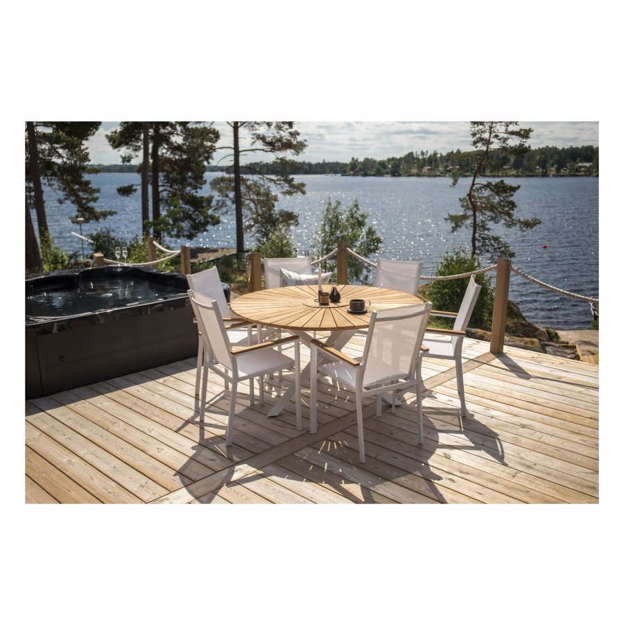 VENTURE DESIGN rundt Mexico hagebord - naturlig teak og hvit aluminium (140)