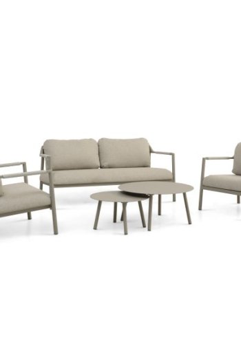 Capri loungesett, med 2 bord, 1 sofa, 2 stoler, sandfargede puter - sandfarget aluminium