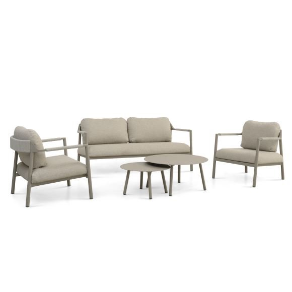Capri loungesett, med 2 bord, 1 sofa, 2 stoler, sandfargede puter - sandfarget aluminium