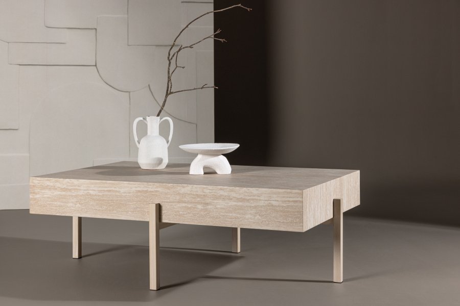 VIND KOLLEKSJON Vadholmen salongbord, rektangulrt - hvit MDF med travertin-utseende og stl (82x126)