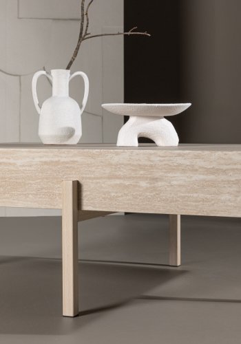 VIND KOLLEKSJON Vadholmen salongbord, rektangulrt - hvit MDF med travertin-utseende og stl (82x126)