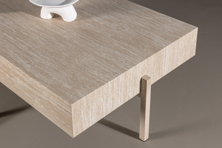 VIND KOLLEKSJON Vadholmen salongbord, rektangulrt - hvit MDF med travertin-utseende og stl (82x126)