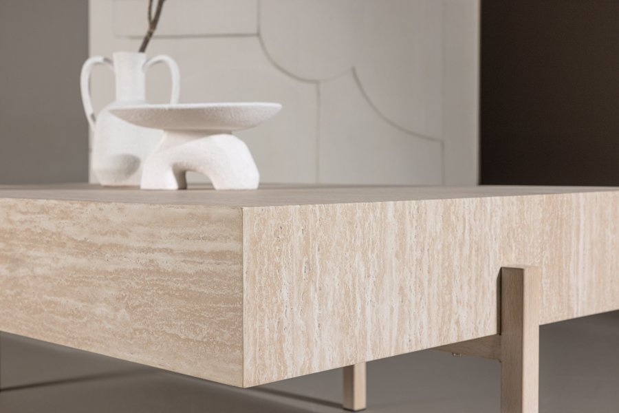 VIND KOLLEKSJON Vadholmen salongbord, rektangulrt - hvit MDF med travertin-utseende og stl (82x126)