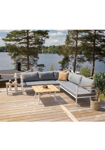 VENTURE DESIGN Mexico Hrnsoffa fr Trdgrd med Soffbord och Dynor - Gr Polyester, Vit Alu, Naturlig Teak