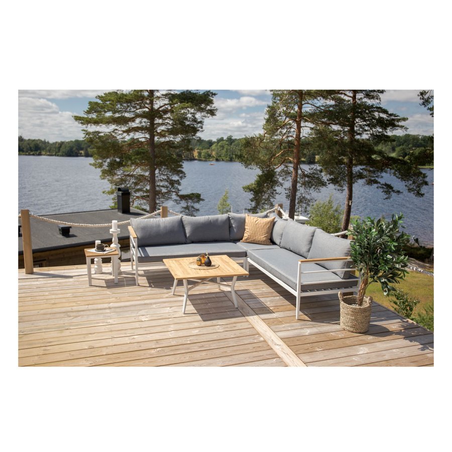 VENTURE DESIGN Mexico Hrnsoffa fr Trdgrd med Soffbord och Dynor - Gr Polyester, Vit Alu, Naturlig Teak