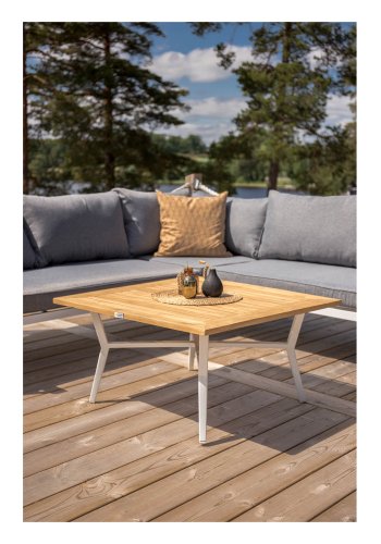 VENTURE DESIGN Mexico Hrnsoffa fr Trdgrd med Soffbord och Dynor - Gr Polyester, Vit Alu, Naturlig Teak