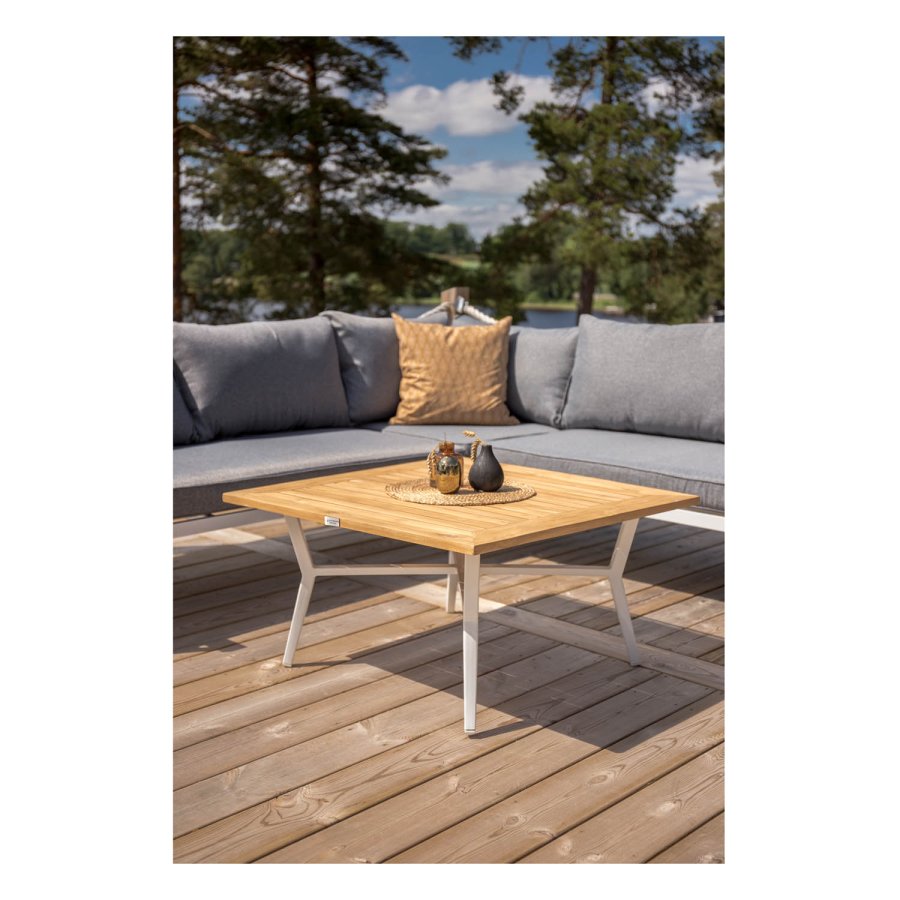 VENTURE DESIGN Mexico Hrnsoffa fr Trdgrd med Soffbord och Dynor - Gr Polyester, Vit Alu, Naturlig Teak
