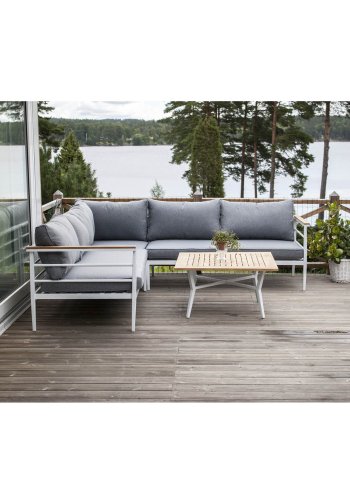 VENTURE DESIGN Mexico Hrnsoffa fr Trdgrd med Soffbord och Dynor - Gr Polyester, Vit Alu, Naturlig Teak