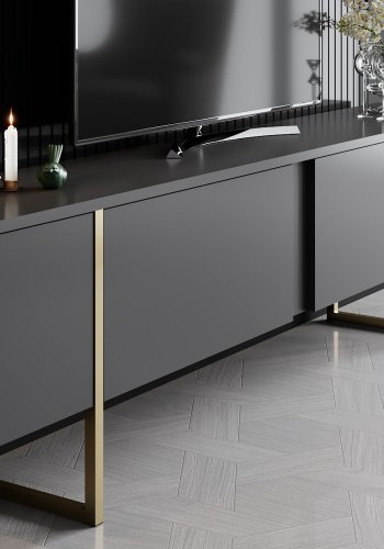 NORDVÄRK Luxe TV-Ständer mit Türen - anthrazitgraues Melamin und goldenes Metall (180x30)