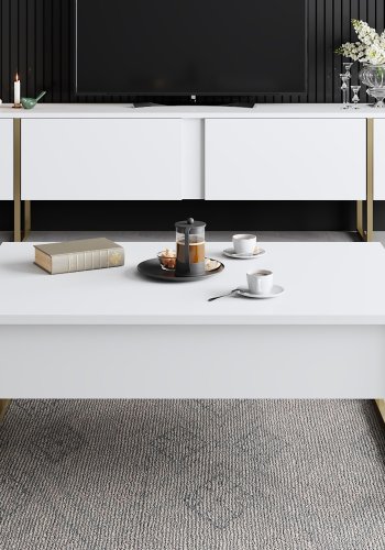 NORDVRK Luxe TV-bord, m. drer - hvit melamin og gullmetall (180x30)