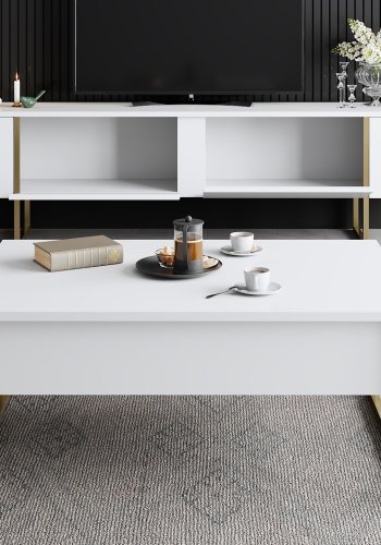 NORDVRK Luxe TV-bord, m. drer - hvit melamin og gullmetall (180x30)