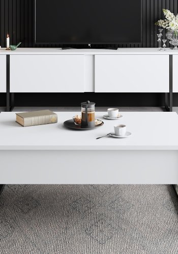 NORDVRK Luxe TV-bord med drer - hvit melamin og svart metall (180x30)