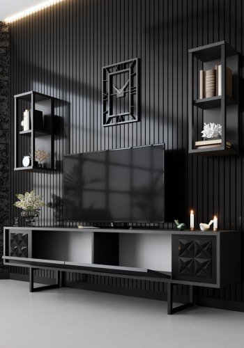 NORDVRK Black Line TV-bord og 2 vegghyller - antrasittgr melamin og svart metall (sett med 3)