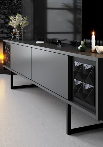 NORDVRK Black Line TV-bord og 2 vegghyller - antrasittgr melamin og svart metall (sett med 3)