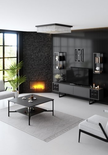 NORDVRK Black Line TV-bord og 2 vegghyller - antrasittgr melamin og svart metall (sett med 3)