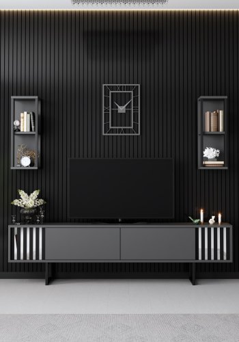 NORDVRK Chrome Line TV-bord og 2 vegghyller - antrasittgr melamin og svart metall (sett med 3)