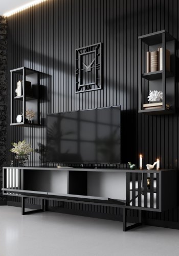 NORDVRK Chrome Line TV-bord og 2 vegghyller - antrasittgr melamin og svart metall (sett med 3)