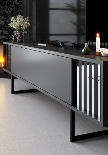 NORDVRK Chrome Line TV-bord og 2 vegghyller - antrasittgr melamin og svart metall (sett med 3)