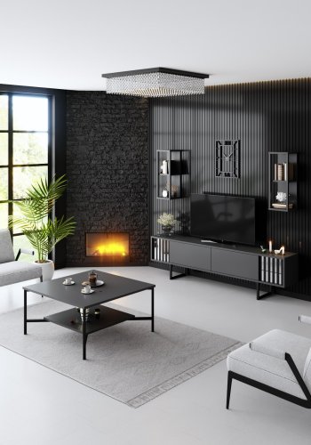 NORDVRK Chrome Line TV-bord og 2 vegghyller - antrasittgr melamin og svart metall (sett med 3)